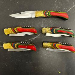 Lot de 5 couteaux de poche manche bois coloré Ref LT86 taille 21cm avec gravure prénom offert