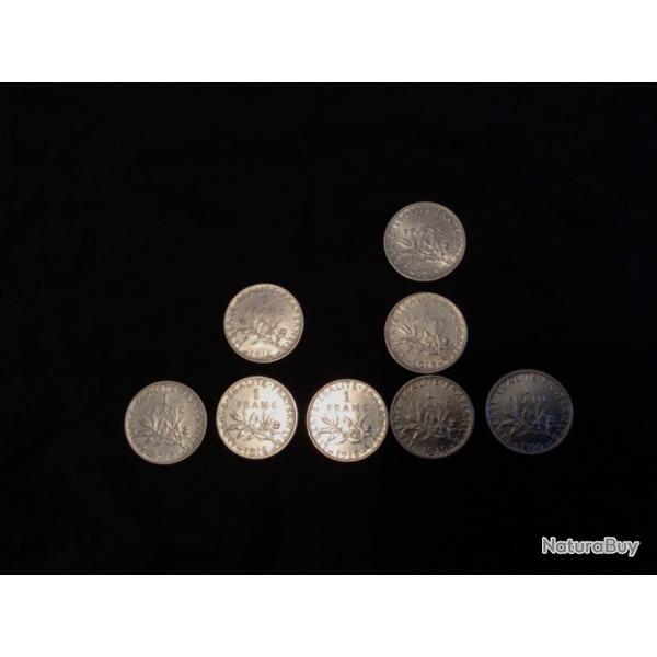 8 pices 1 francs argent semeuse 1919-1916-1918-1919-1920