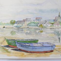 Aquarelle signée Gérard Laporte 2004, Barques. 10cm x 15cm (AR6)