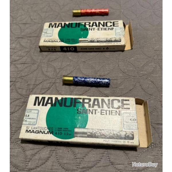 6 bote de cartouches anciennes Manufrance douilles cartons Cal 410 Magnum