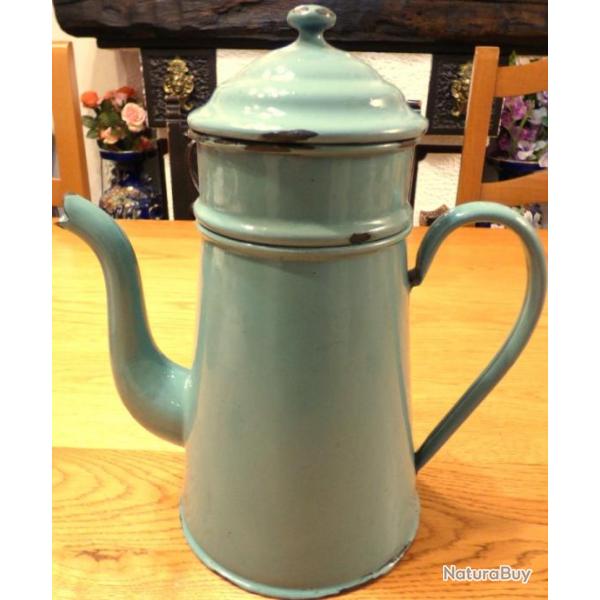 TRES JOLIE CAFETIERE ANCIENNE EN TLE EMAILLEE TRES LEGEREMENT VERTE/BLEUE/ POUR COLLECTION