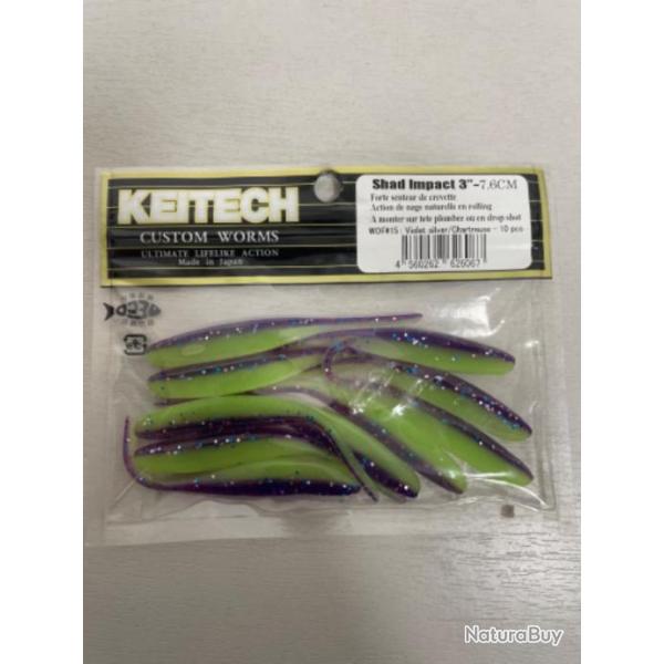 !! LEURRE KEITECH SHAD IMPACT 3' COL VIOLET SILVER CHARTREUSE