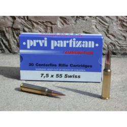 20 Cartouches Partizan Cal. 7,5x55 Suisse 174-Grs FMJ-BT