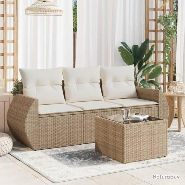 Salon de jardin avec coussins 4 pcs beige rsine tresse