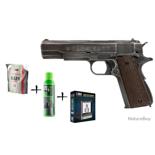 Pack de Noel rplique GBB AWC 1911 Molon Labe 1J + billes + cible + gaz