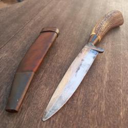Magnifique Ancien Grand Couteau de Chasse NICKER  Manche en Bois de Cerf avec Étui