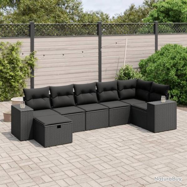 Salon de jardin 7 pcs avec coussins noir rsine tresse