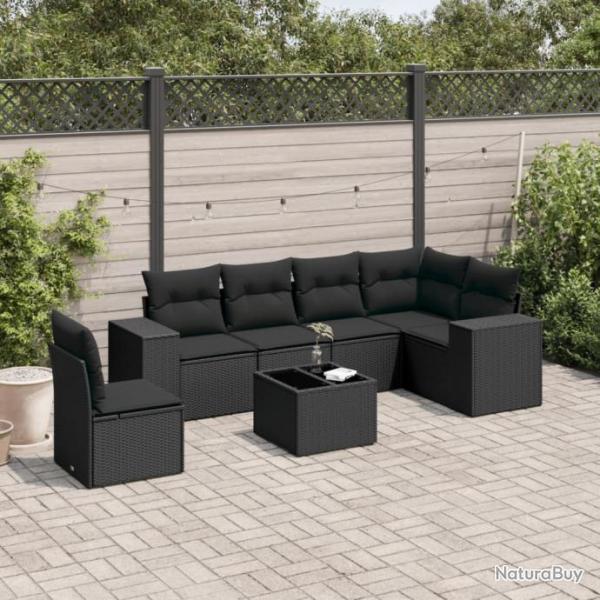 Salon de jardin 7 pcs avec coussins noir rsine tresse