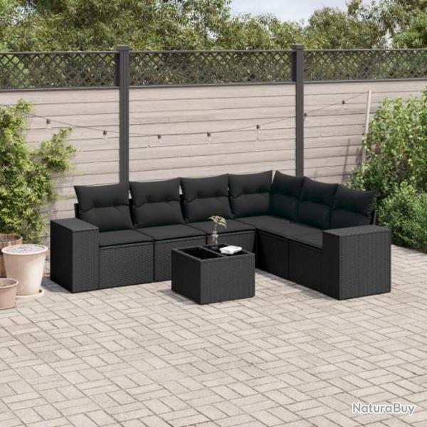 Salon de jardin 7 pcs avec coussins noir rsine tresse