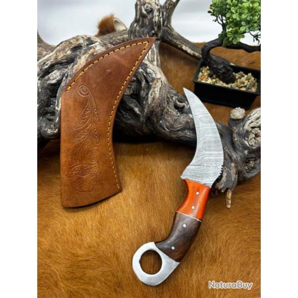 Couteau Karambit Lame Acier DAMAS 256couches manche en bois d'Olivier FabricationArtisanal Rf K18