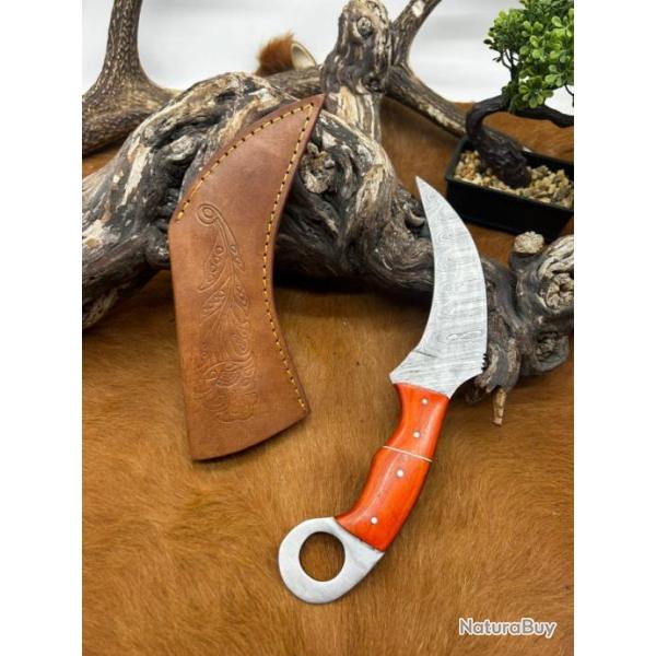 Couteau Karambit Lame Acier DAMAS 256couches manche en bois d'Olivier FabricationArtisanal Rf K19