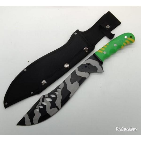 ***Machette de chasse manche vert, lame camouflage gris noir avec etui