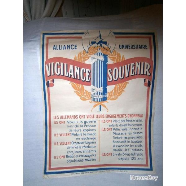 Militaria  Ancienne affiche de 1918: Vigilance Souvenir par Alliance Universitaire