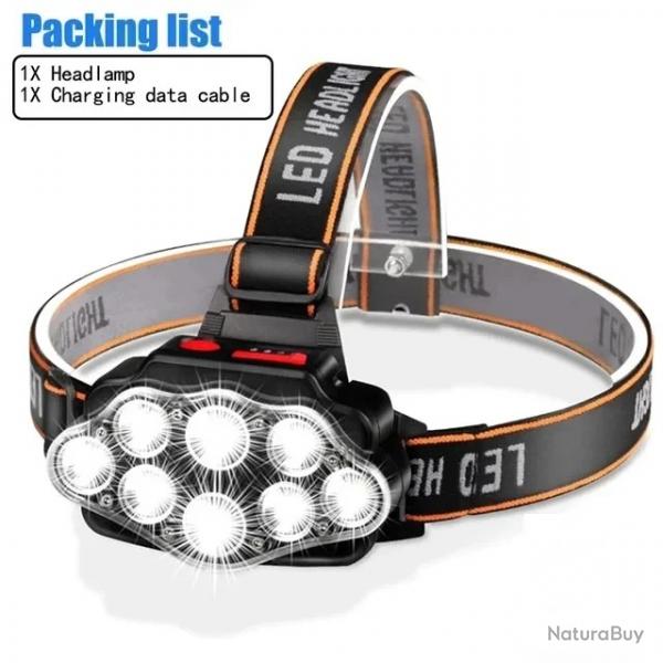 Lampe Frontale Super Brillante 8 DEL Rechargeables USB Impermable Rglable - LIVRAISON OFFERTE