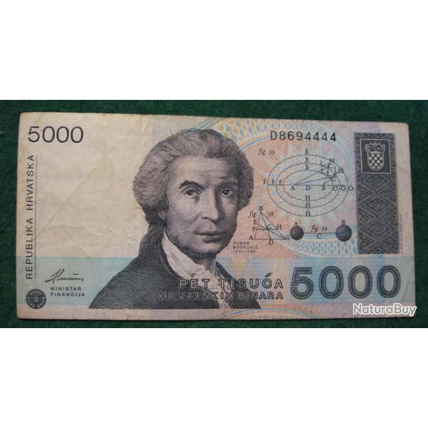 CROATIE billet de 5000 dinara 1992 tb+