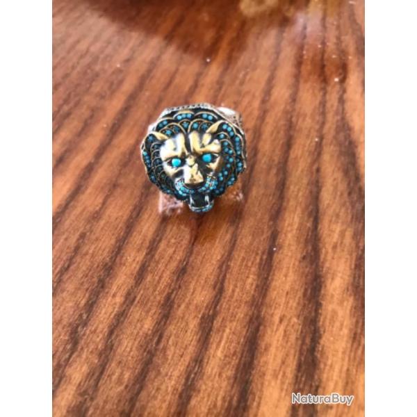 Bague tte de lion multi turquoises - argent sterling 925 - H taille 69