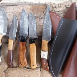 LOT DE 5 Couteau de Chasse Skinner Damas Lame 256 Couches Manche Bois/Os Fabric Artisanale Etui Cuir