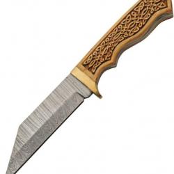 Couteau Damas Celtic Viking Lame Seax 256 Couches Manche Bois Etui Cuir DM1387