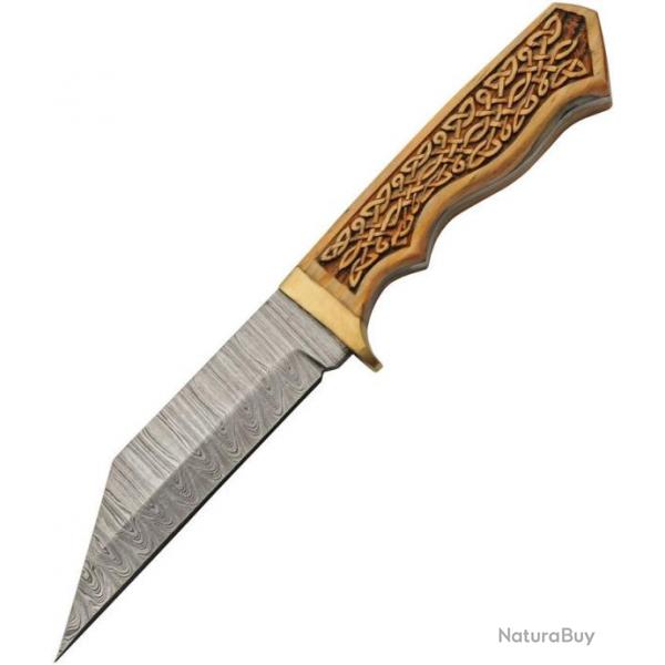 Couteau Damas Celtic Viking Lame Seax 256 Couches Manche Bois Etui Cuir DM1387