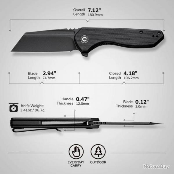 Couteau CIVIVI ExOne Black Manche G10 Lame Tanto Reverse Nitro-V Blk IKBS Linerlock Clip CIVC230361