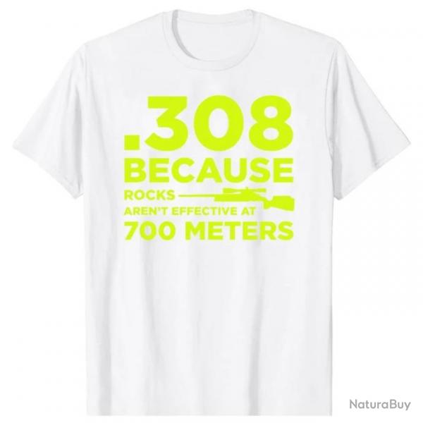 T-shirt ".308 BECAUSE ROCKS AREN'T EFFECTIVE AT 700 METERS" - Blanc et jaune