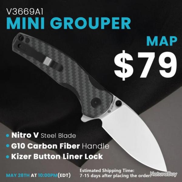 Couteau Kizer Mini Grouper Manche Fibre de Carbone Lame Acier Nitro-V Satin Button Lock KIV3669A1