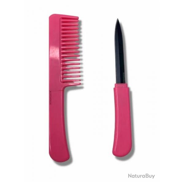 Peigne  cheveux rose self defense avec couteau cach