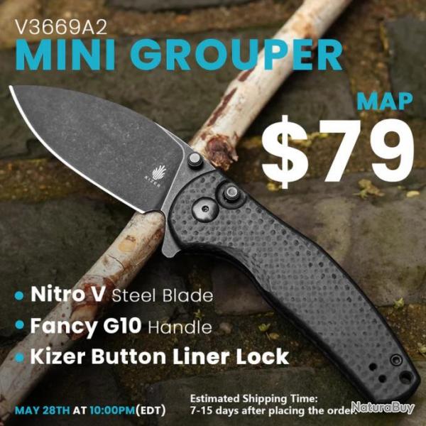 Couteau Kizer Mini Grouper Manche FCarbone Lame Acier Nitro-V Black Button Lock Clip IKBS KIV3669A2