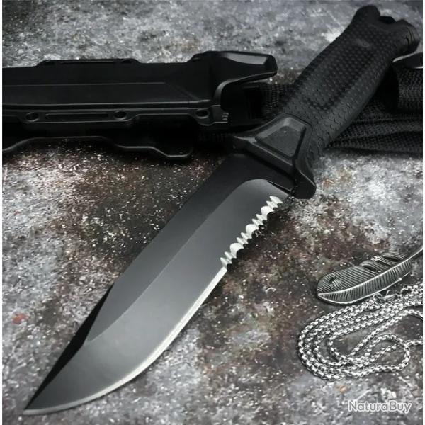 Poignard tactique de survie noir lame mixte Type Strongarm avec Etui Kydex