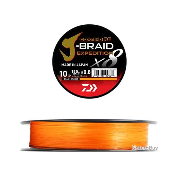 Tresse Daiwa J-Braid Expedition X 8 150M - Smash Orange 6/100-5KG