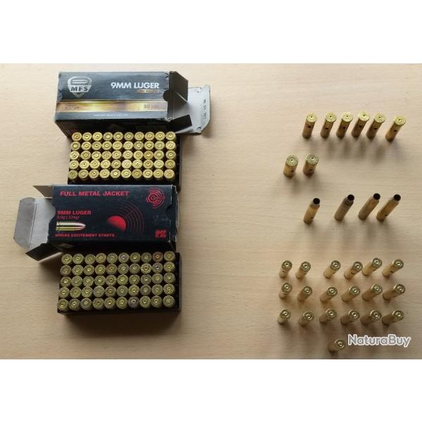 Lot de douilles percutes et neutralises : 9X19 , 38 spcial , 45 auto , 30 carbine , 223 Remington