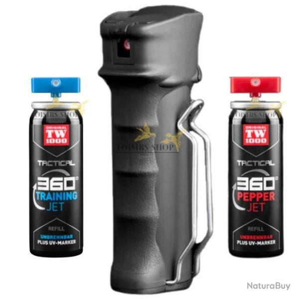 Lot bombe lacrymogne PRO rechargeable 45ml JET POIVRE OC 360 marqueur UV + 45ml JET D'ENTRAINEMENT