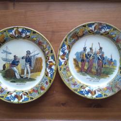 2 assiettes anciennes Creil polychromes, soldat 1er empire