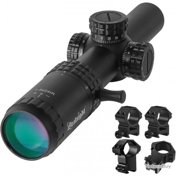 Lunette de vise Tactique Optique 1-5x24 Rifle Scope Vision Grand Angle 30 mm Rouge Vert Illumin