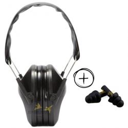 Casque anti-bruits réglable et pliable noir sous blister + bouchons d'oreilles réutilisables