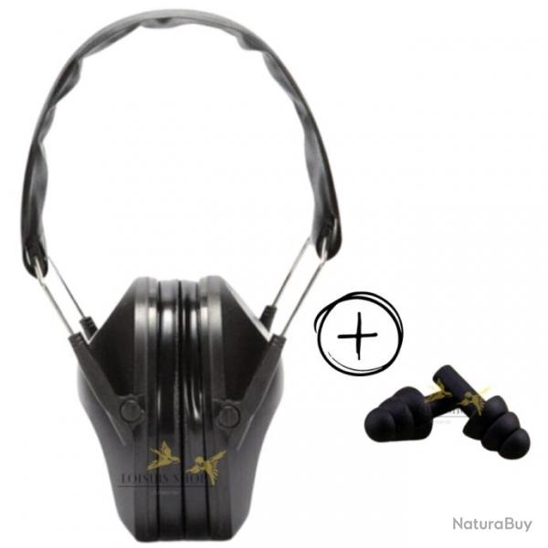 Casque anti-bruits rglable et pliable noir sous blister + bouchons d'oreilles rutilisables