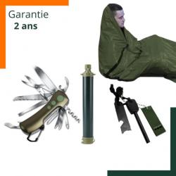 Kit de survie - Couteau multifonctions - Filtre à eau - Allume feu - Sac de survie - Garantie 2 ans