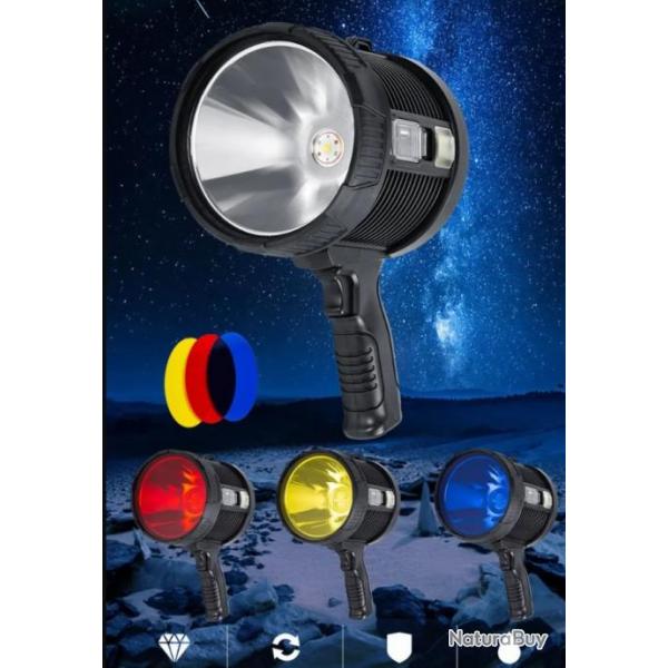 SUPER Lampe Torche Projecteur LED SOLAIRE avec 3 lentilles de couleur...