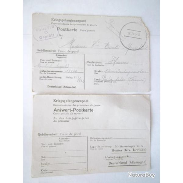 lot 2 correspondances prisonniers guerre 1941