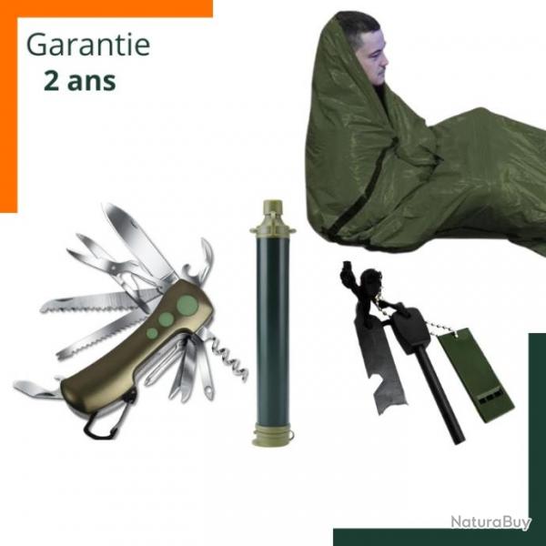 Garantie 2 ans - Kit de survie - Couteau multifonctions - Filtre  eau - Allume feu - Sac de survie