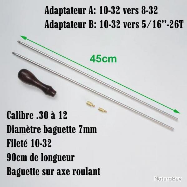 Baguette de nettoyage avec tige roulante, manche en bois et deux adaptateurs - Deux tiges 45cm