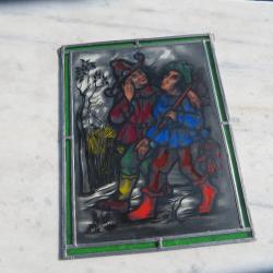 VINTAGE - Ancien grand panneau, cadre vitrail décoratif représentant une scène rurale Flamande (XXé)