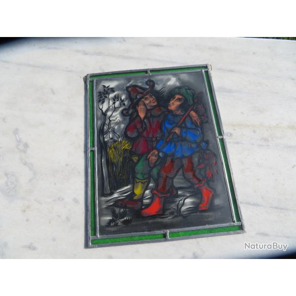 VINTAGE - Ancien grand panneau, cadre vitrail dcoratif reprsentant une scne rurale Flamande (XX)