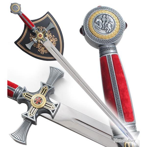 Epee Templier Epee Chevalier Epee des Templiers Version Rouge + Presentoir en Bois Repliksword