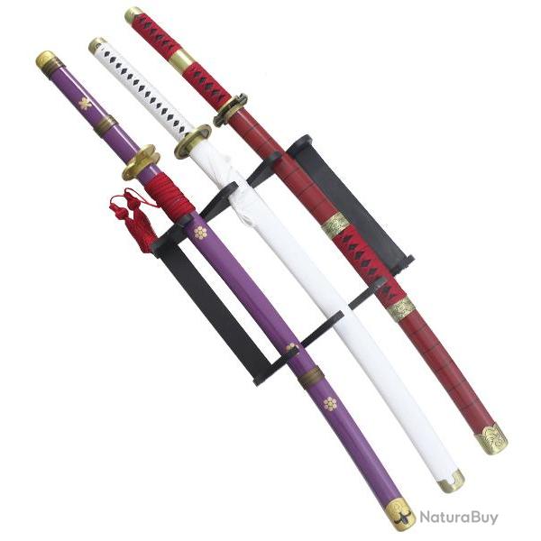 Pack 3 Katanas Acier Zoro Sabre One Piece Replique Katana + Presentoir en Bois Katana Japonais Repli