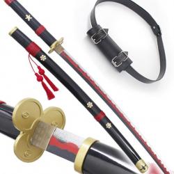 One Piece Katana en Bois Enma de Zoro Epee Meito + Ceinturon Noir Porte Epee Ceinture Katana Japonai