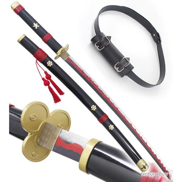 One Piece Katana en Bois Enma de Zoro Epee Meito + Ceinturon Noir Porte Epee Ceinture Katana Japonai