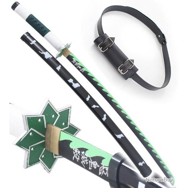 Demon Slayer Epee en Bois Sanemi Shinazugawa Katana en Bois Kimetsu No Yaiba Sabre + Ceinturon Noir 