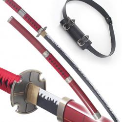 One Piece Katana en Bois Zoro Kitetsu Replique Epee Sabre + Ceinturon Noir Porte Epee Ceinture Katan