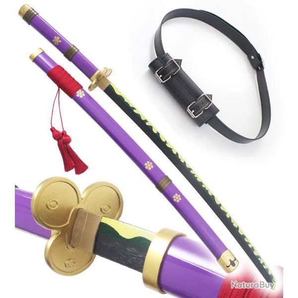 One Piece Epee en Bois Katana Enma Sabre Zoro Katana Meito Violet Edition + Ceinturon Noir Porte Epe